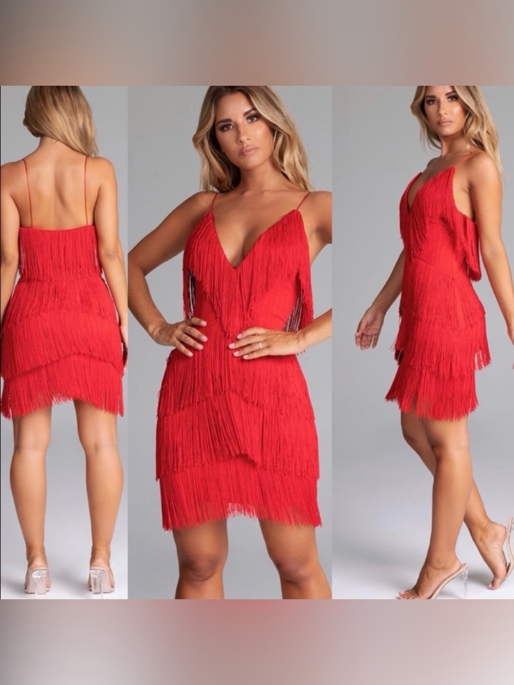 MESHKI Red Tiered Tassel Fringe Deep V-neck Strappy Flapper Mini Dress 1920’s, M